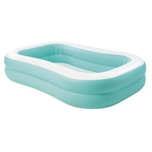 Rectangular inflatable pool, teal with white trim, on a white background