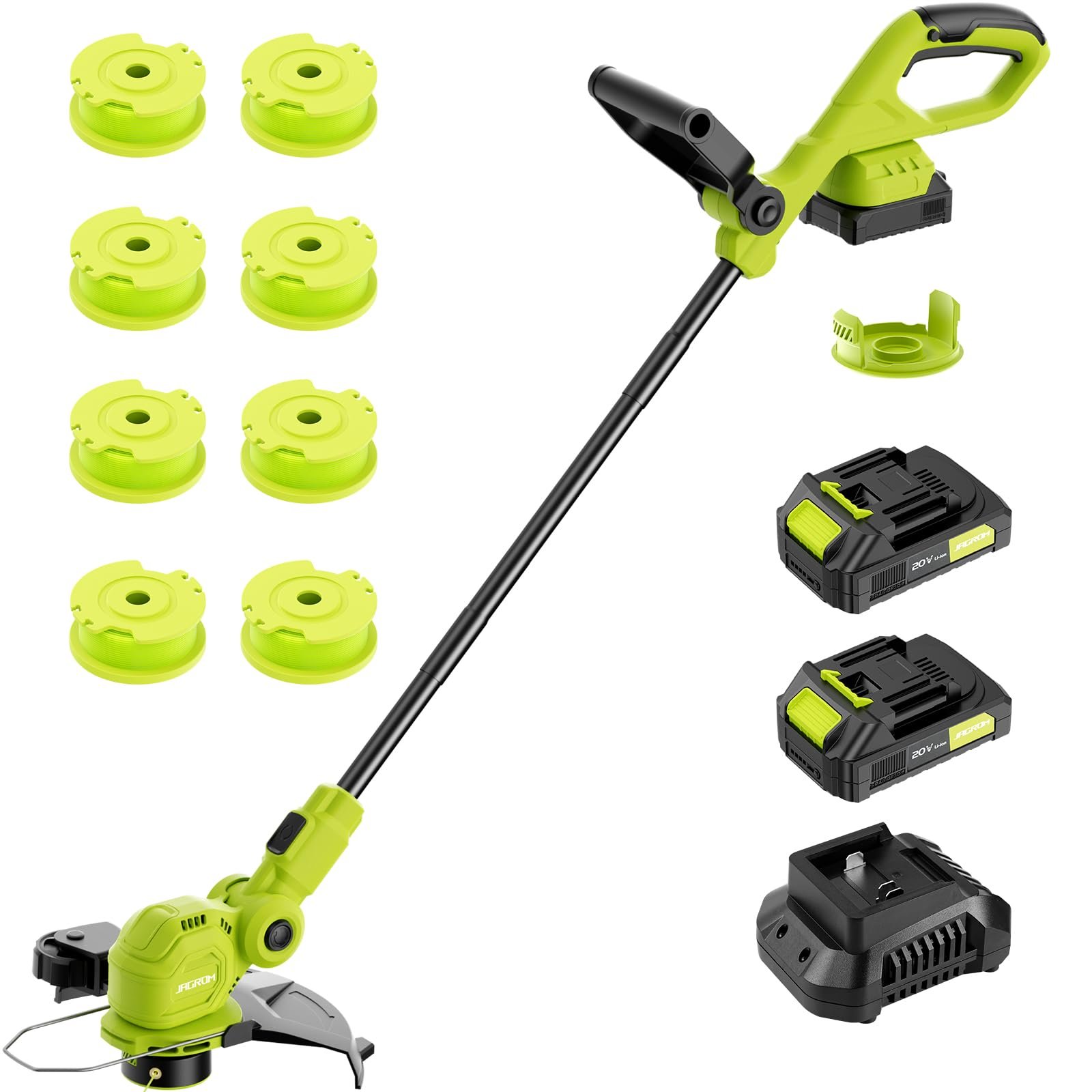 Green and black cordless string trimmer with extra spools and batteries