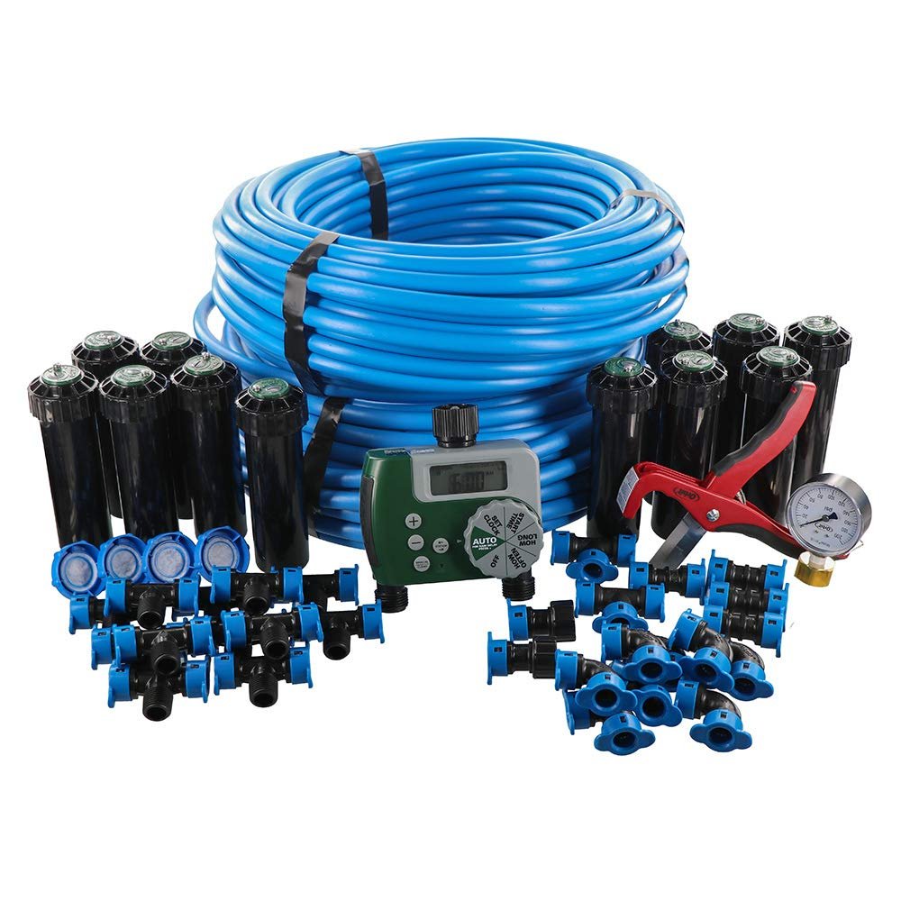 Irrigation system kit with sprinklers, hose, timer, and connectors on white background