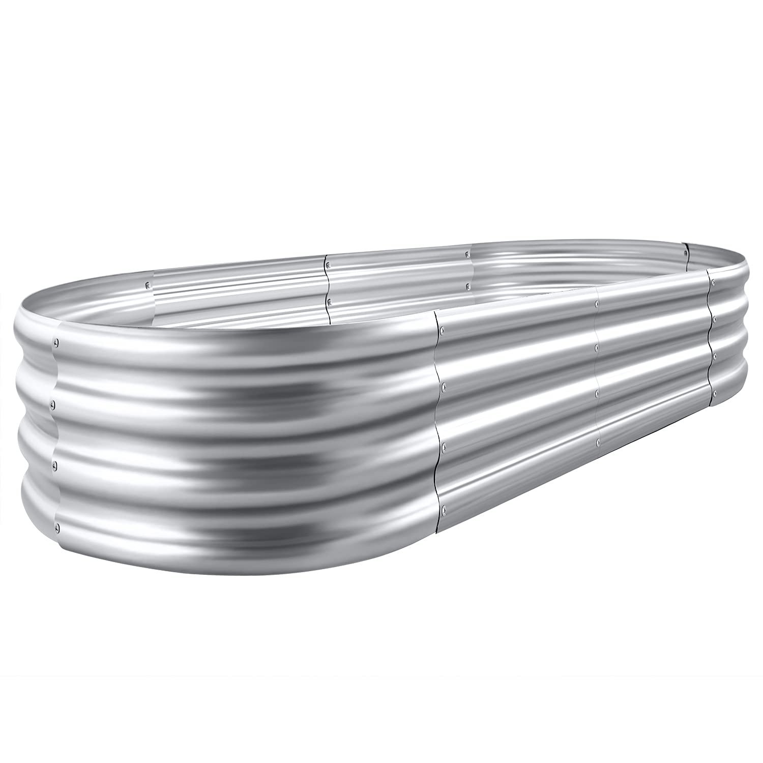 Oval-shaped, corrugated metal raised garden bed, isolated on a white background
