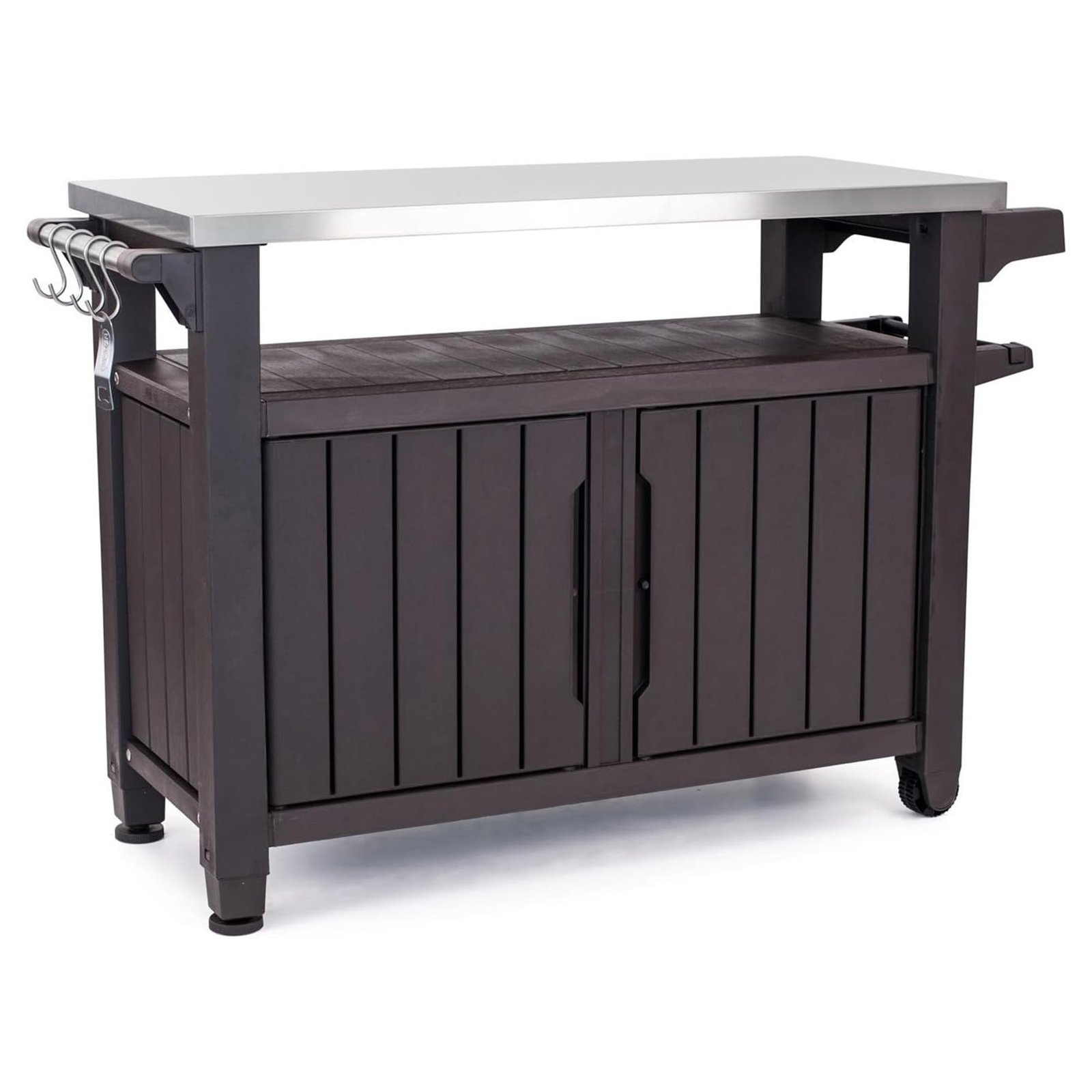 Brown outdoor kitchen cart with stainless steel top and storage