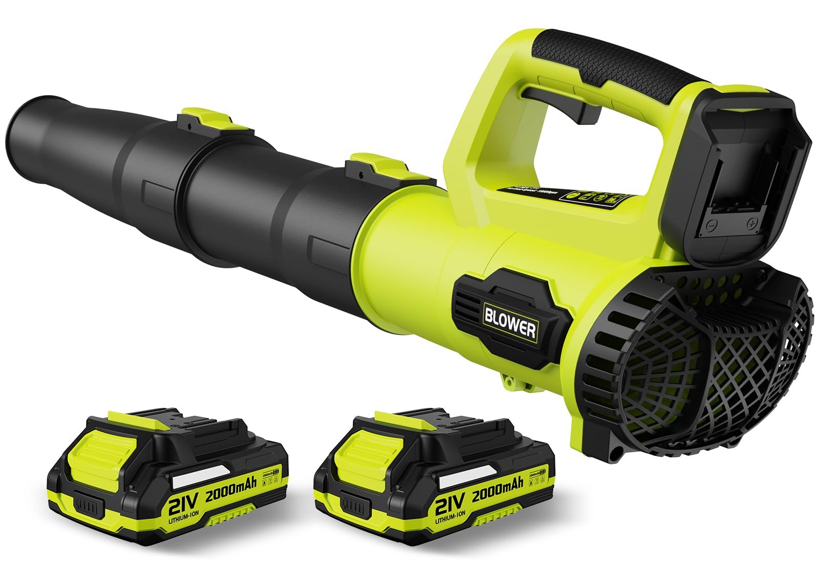 Green and black cordless leaf blower with two batteries