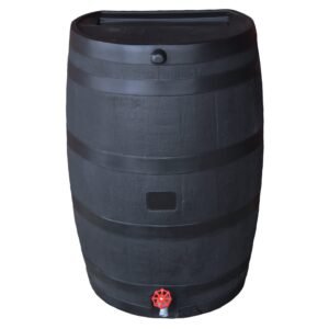 Black rain barrel with a red spigot and a flat top