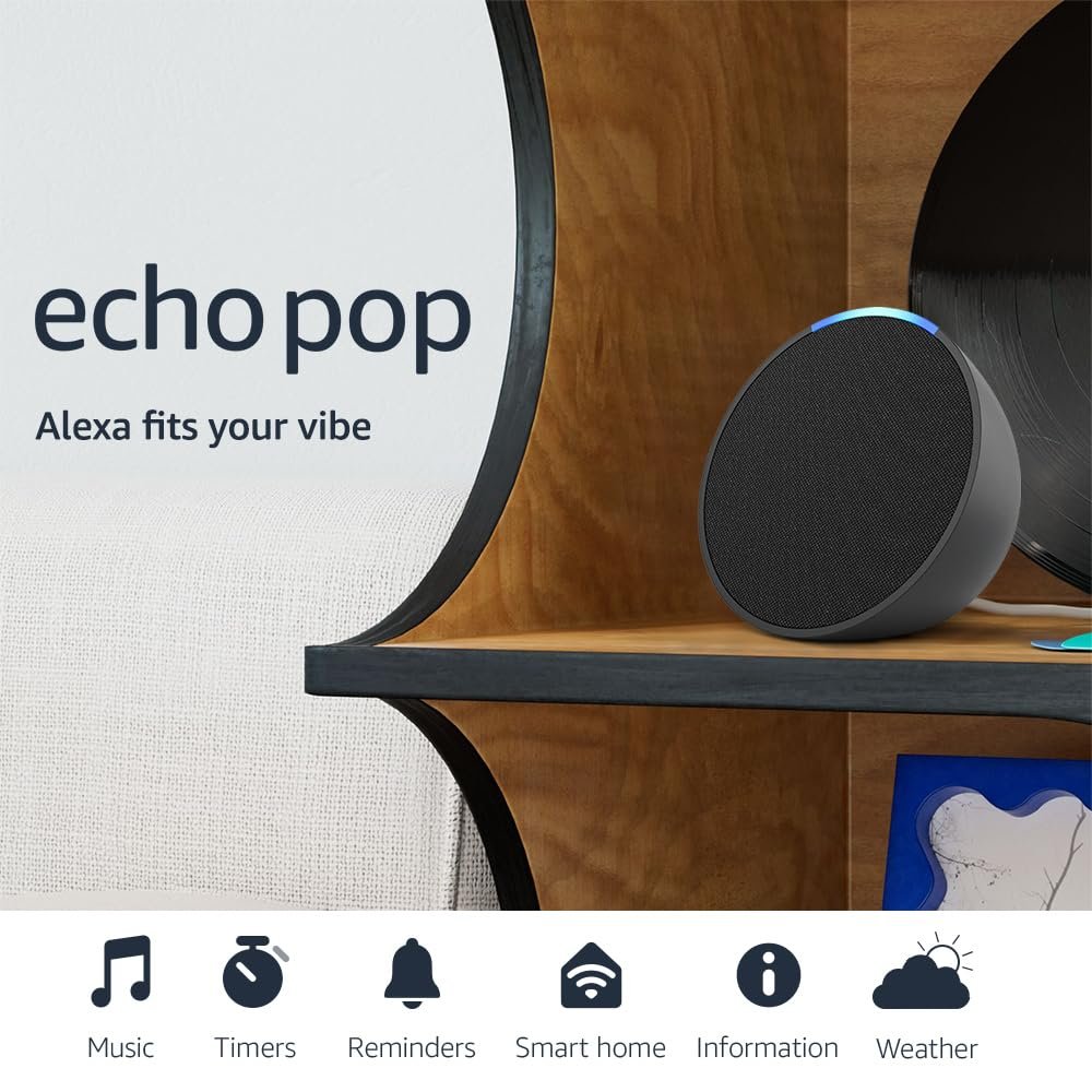 Echo Pop smart speaker with blue light on a wooden shelf