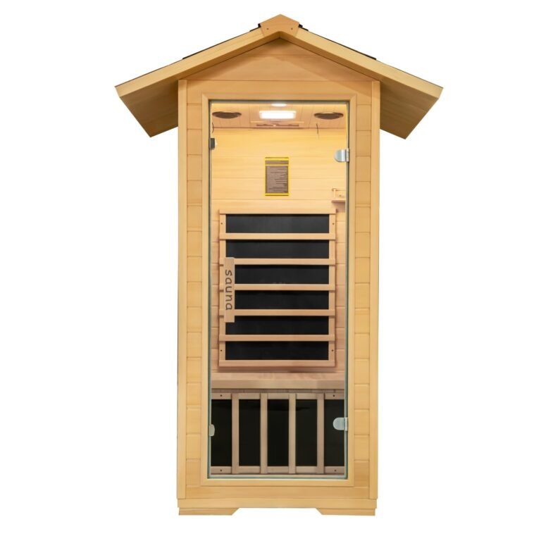 Wooden sauna with glass door and infrared heating panels
