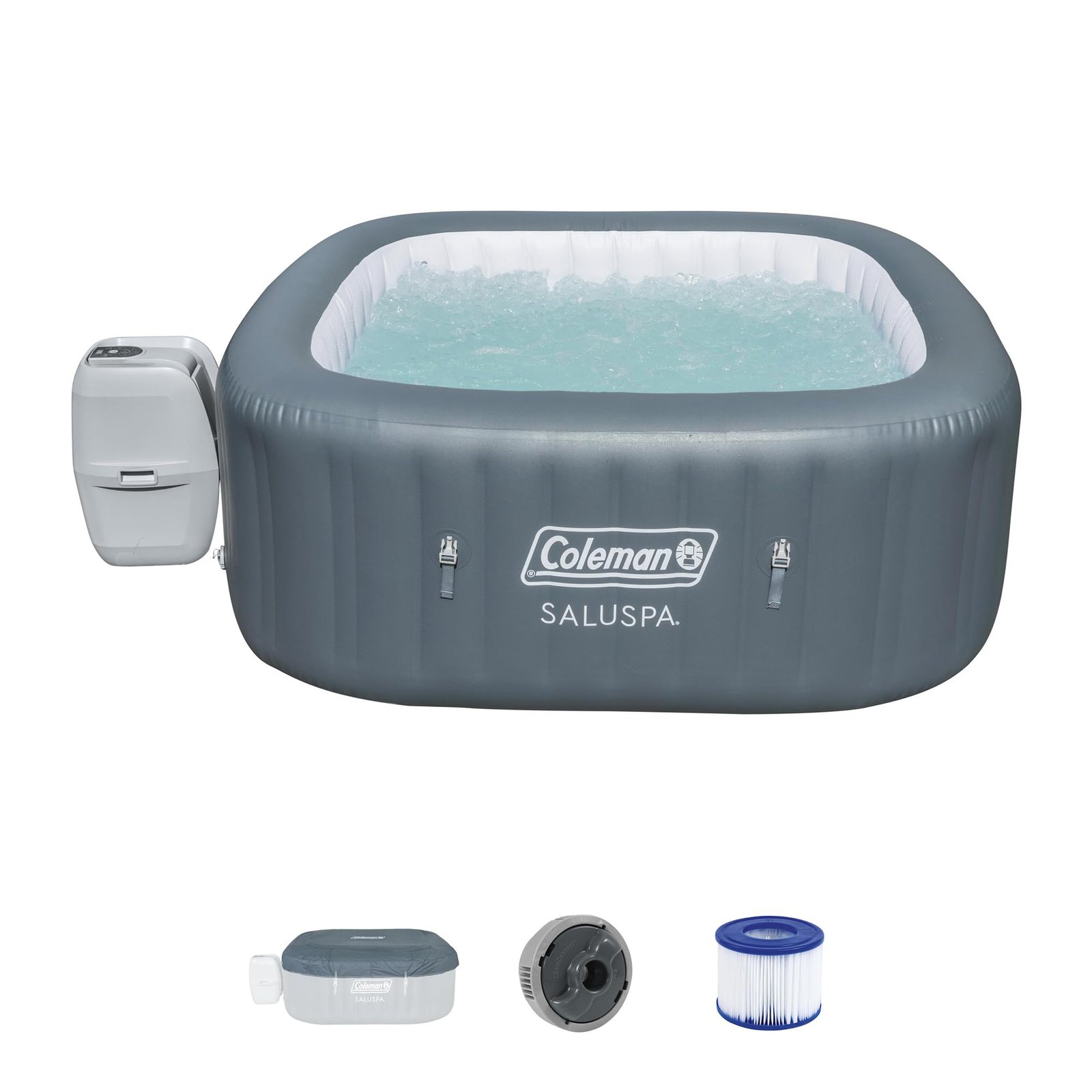 Coleman SaluSpa inflatable hot tub with accessories on white background