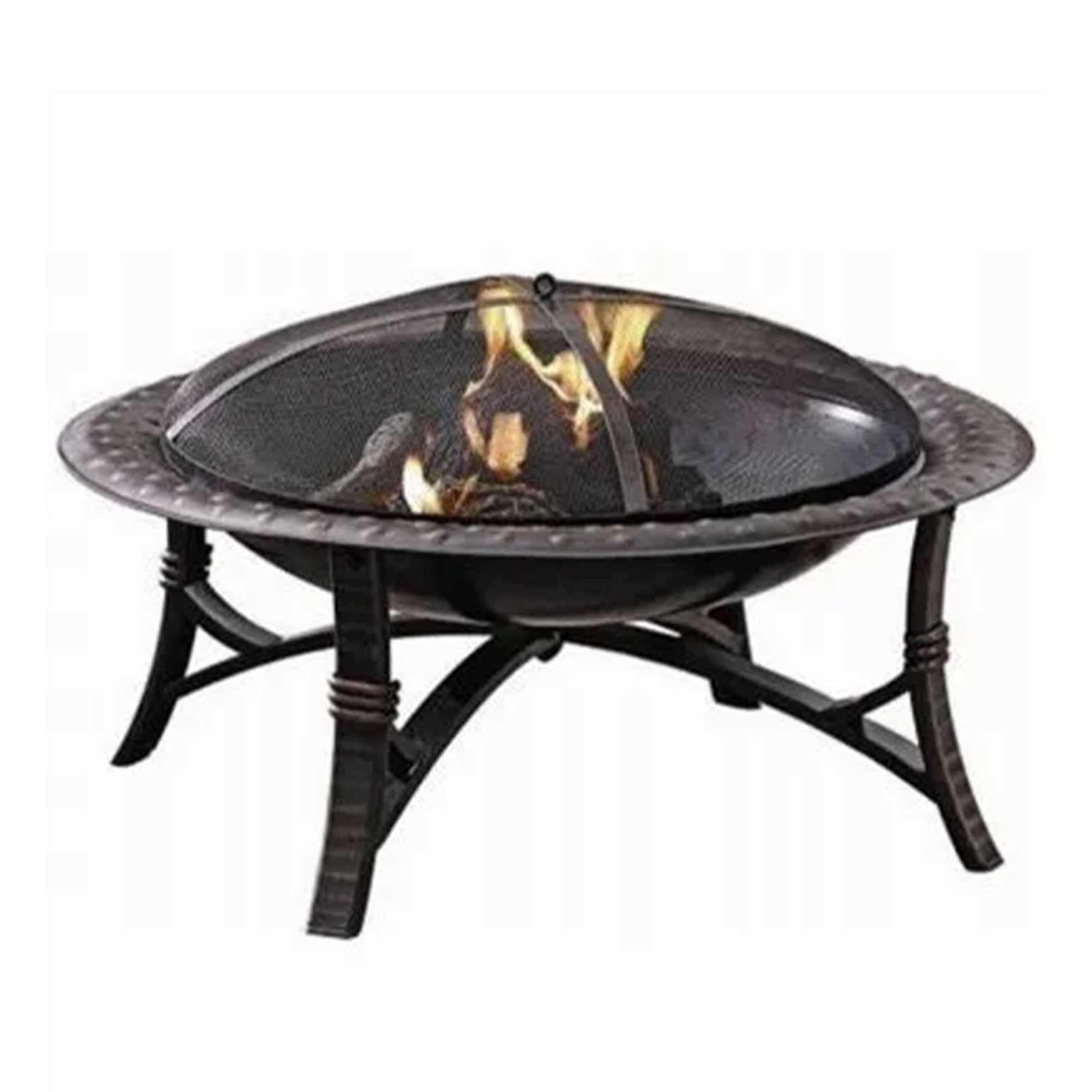 Metal fire pit with mesh screen cover and burning fire inside