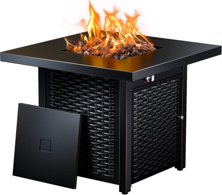 Square fire pit table with flames, black wicker design, and open door