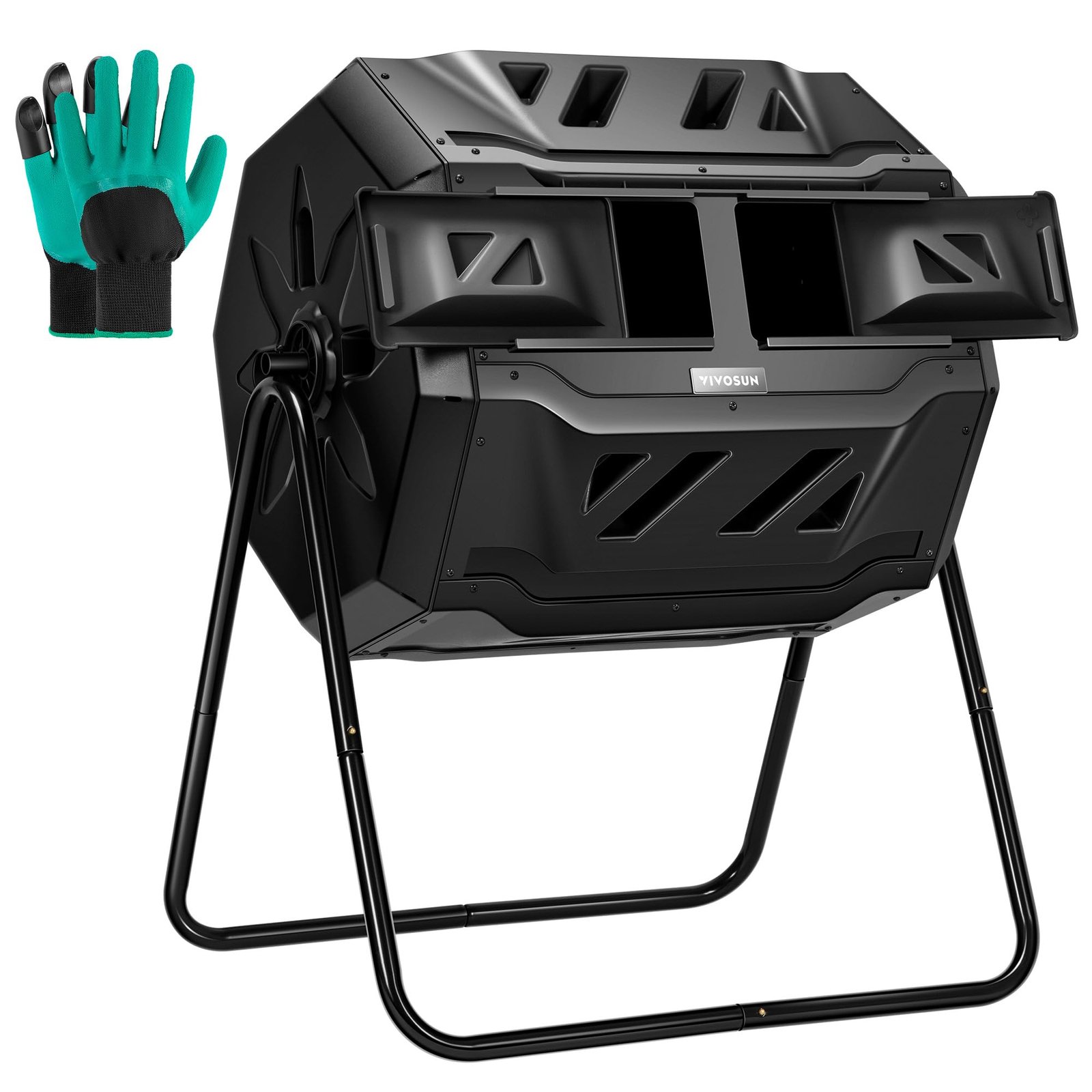 Black compost tumbler with green gloves, open doors, and a black stand