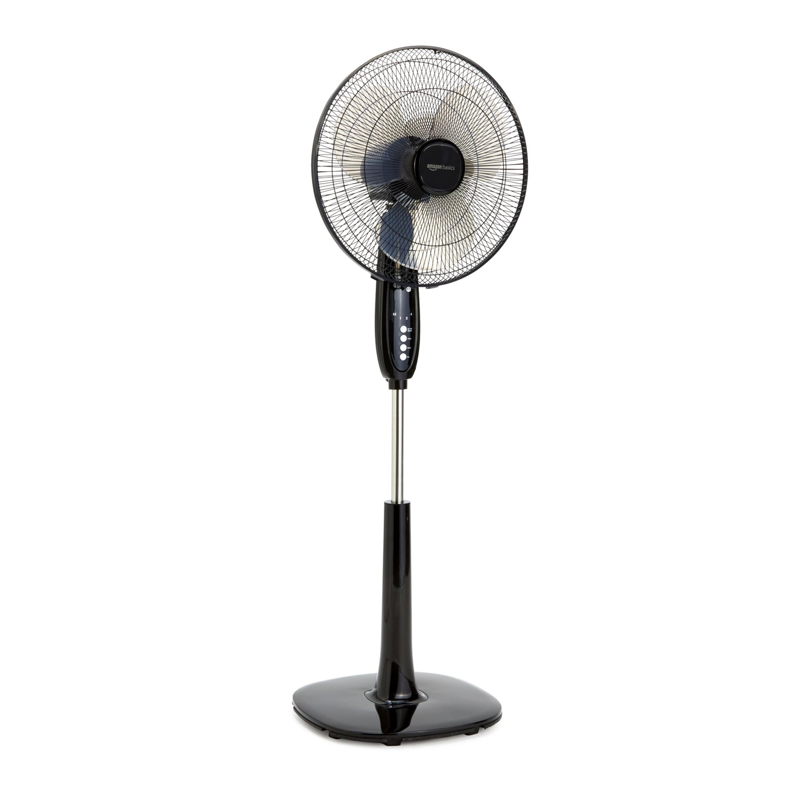 Black Amazon Basics oscillating fan on a white background