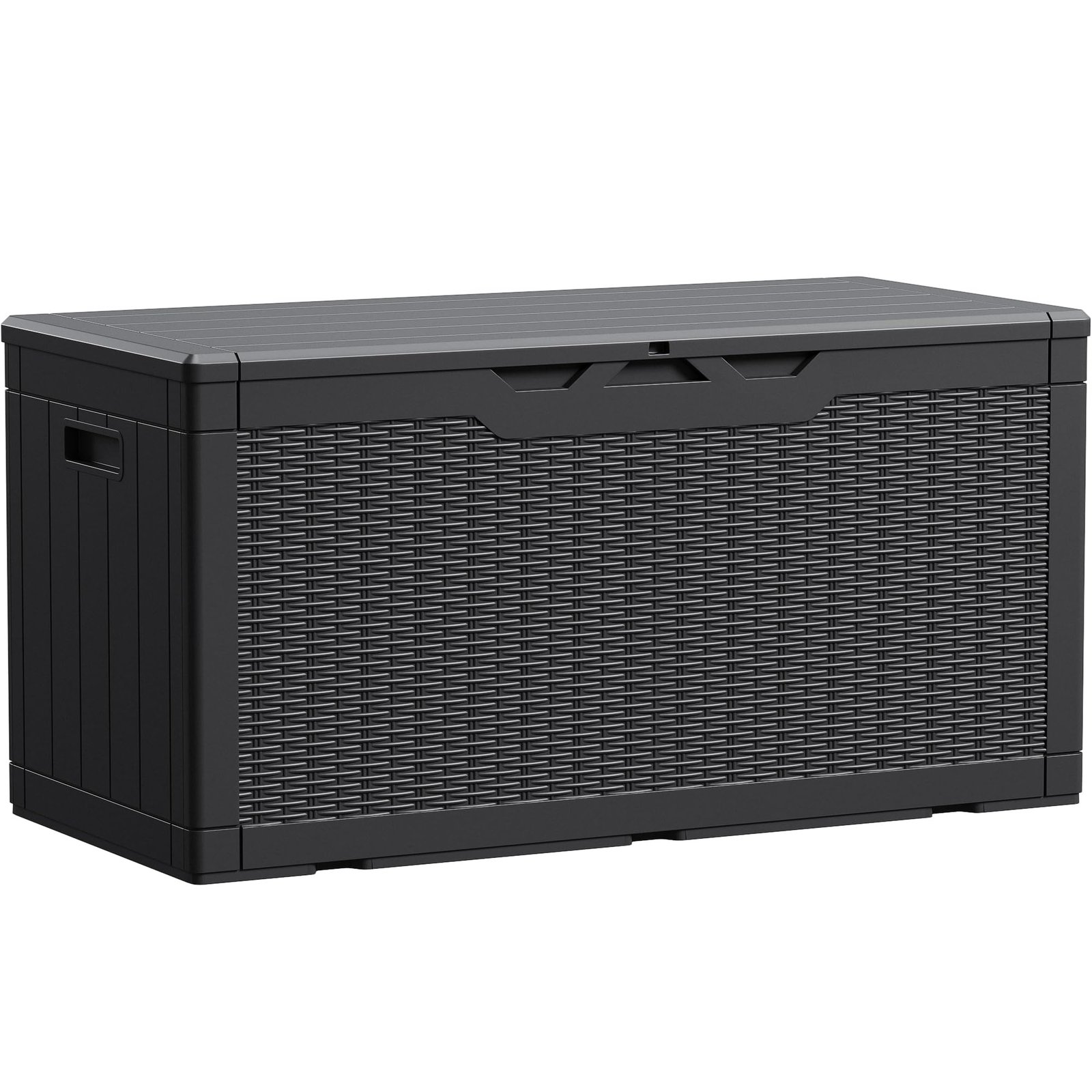 Black plastic outdoor storage chest with a woven texture on the front