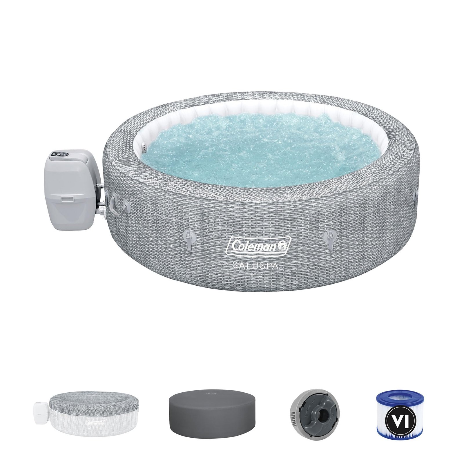 Coleman SaluSpa inflatable hot tub with accessories on a white background