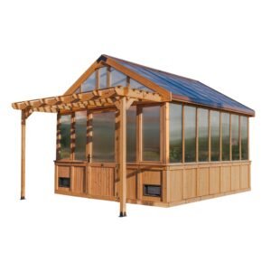 Wooden greenhouse with a pergola, transparent roof, and glass walls