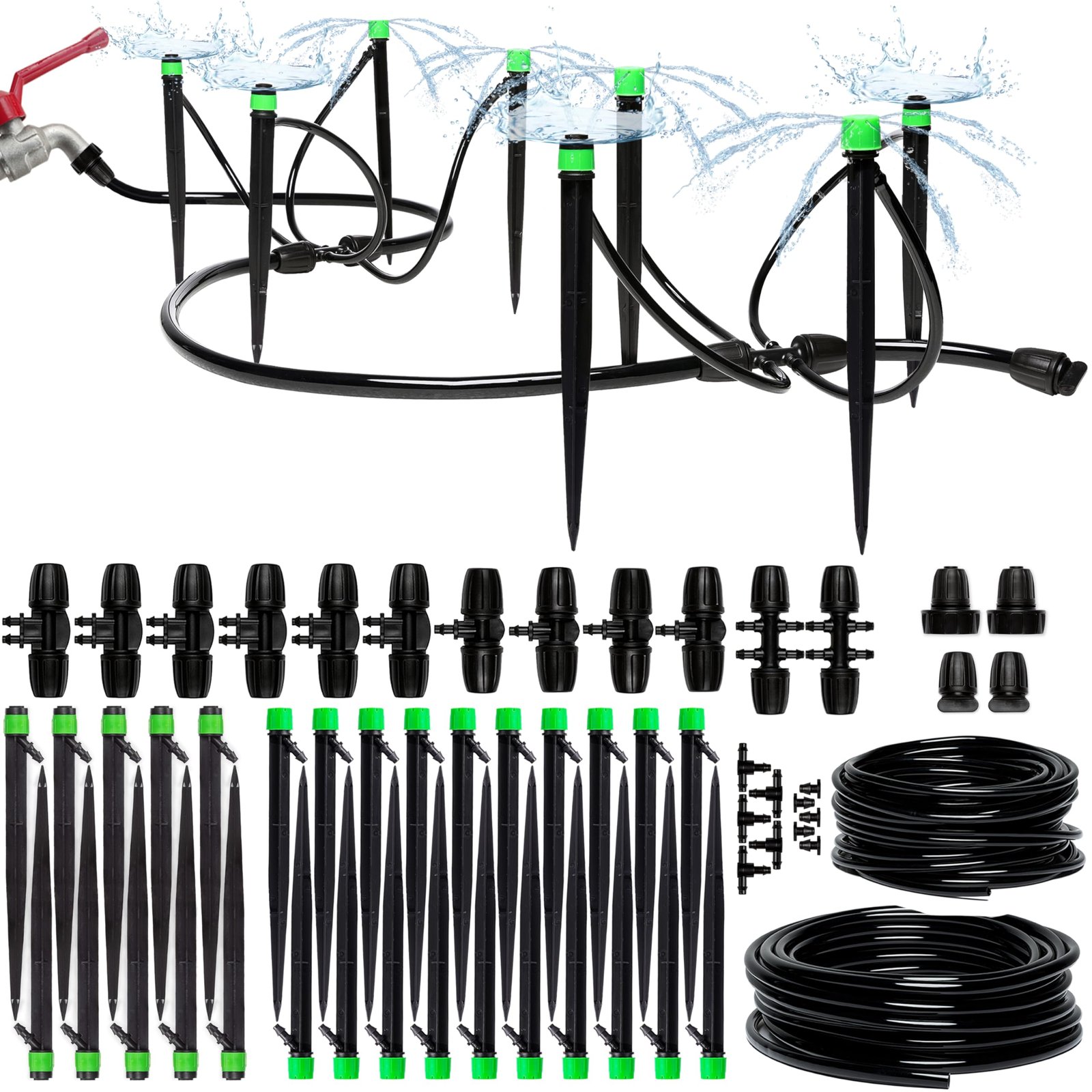 Drip irrigation system with sprinklers, tubing, and various components