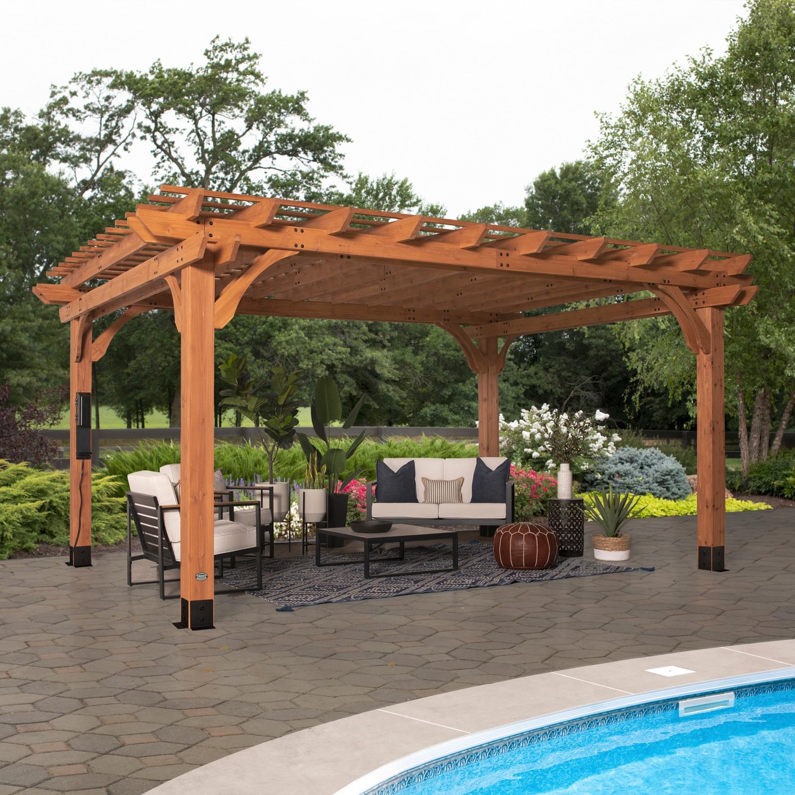 Wooden pergola with outdoor furniture, plants, and a swimming pool